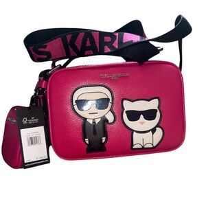 Karl Lagerfeld Hot Pink Camera Crossbody with Character Appliqués